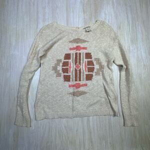Lucky Brand Beige Crew Neck Tribal Boho Chic Rustic Knit Pullover Sweater XS